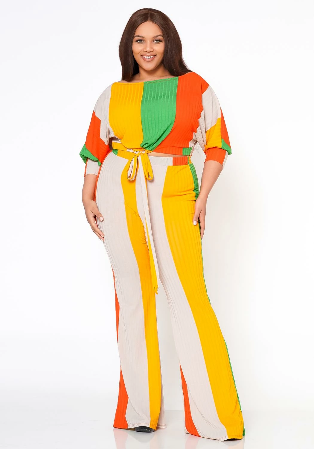 Plus Size Multi Striped Crop Top & Pants Set 2 Plus Size Multi Striped Crop Top & Pants Set - Image 2