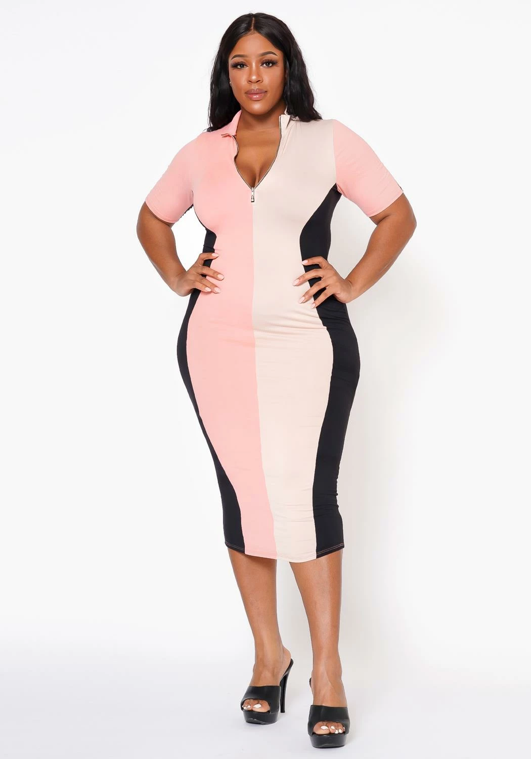 Plus Size Color Block Zip Front Bodycon Dress 1 Plus Size Color Block Zip Front Bodycon Dress