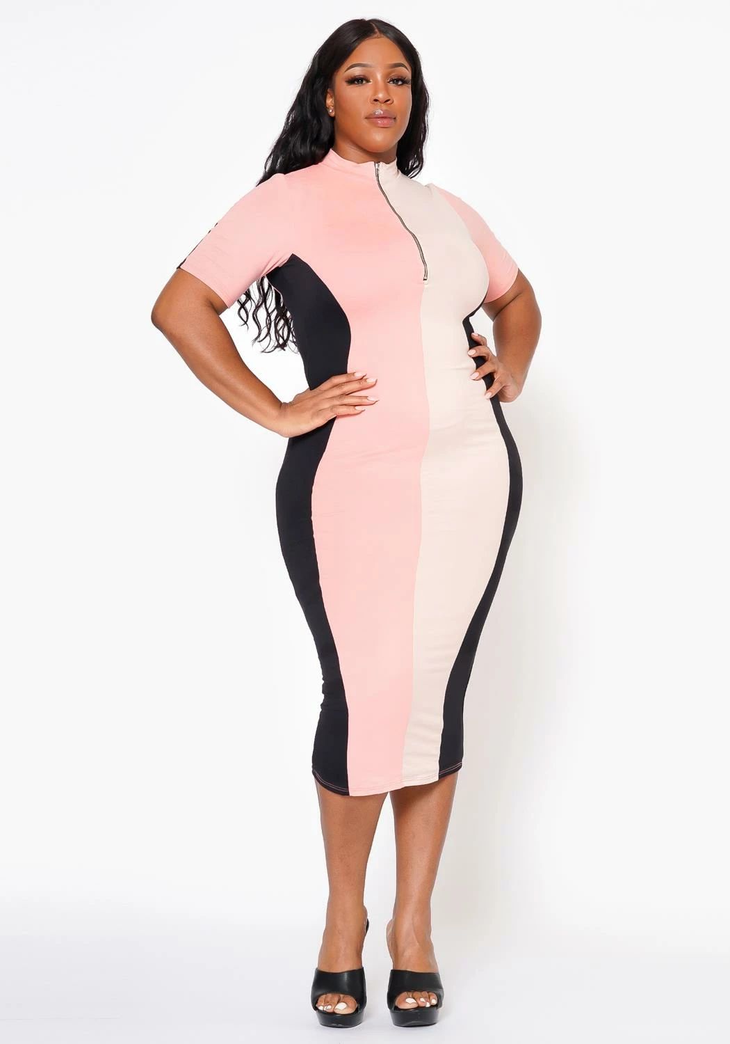 Plus Size Color Block Zip Front Bodycon Dress 3 Plus Size Color Block Zip Front Bodycon Dress - Image 3