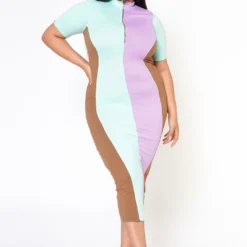 Plus Size Color Block Zip Front Bodycon Dress