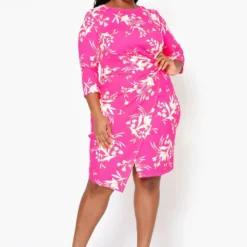 Plus Size Floral Print Twist Hem Cocktail Dress