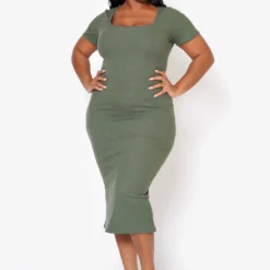 Plus Size Ribbed Square Neck Midi Dress