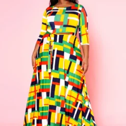 Plus Size Geometric Pattern Fit & Flare Maxi Dress