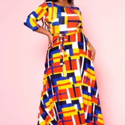 Plus Size Geometric Pattern Fit & Flare Maxi Dress