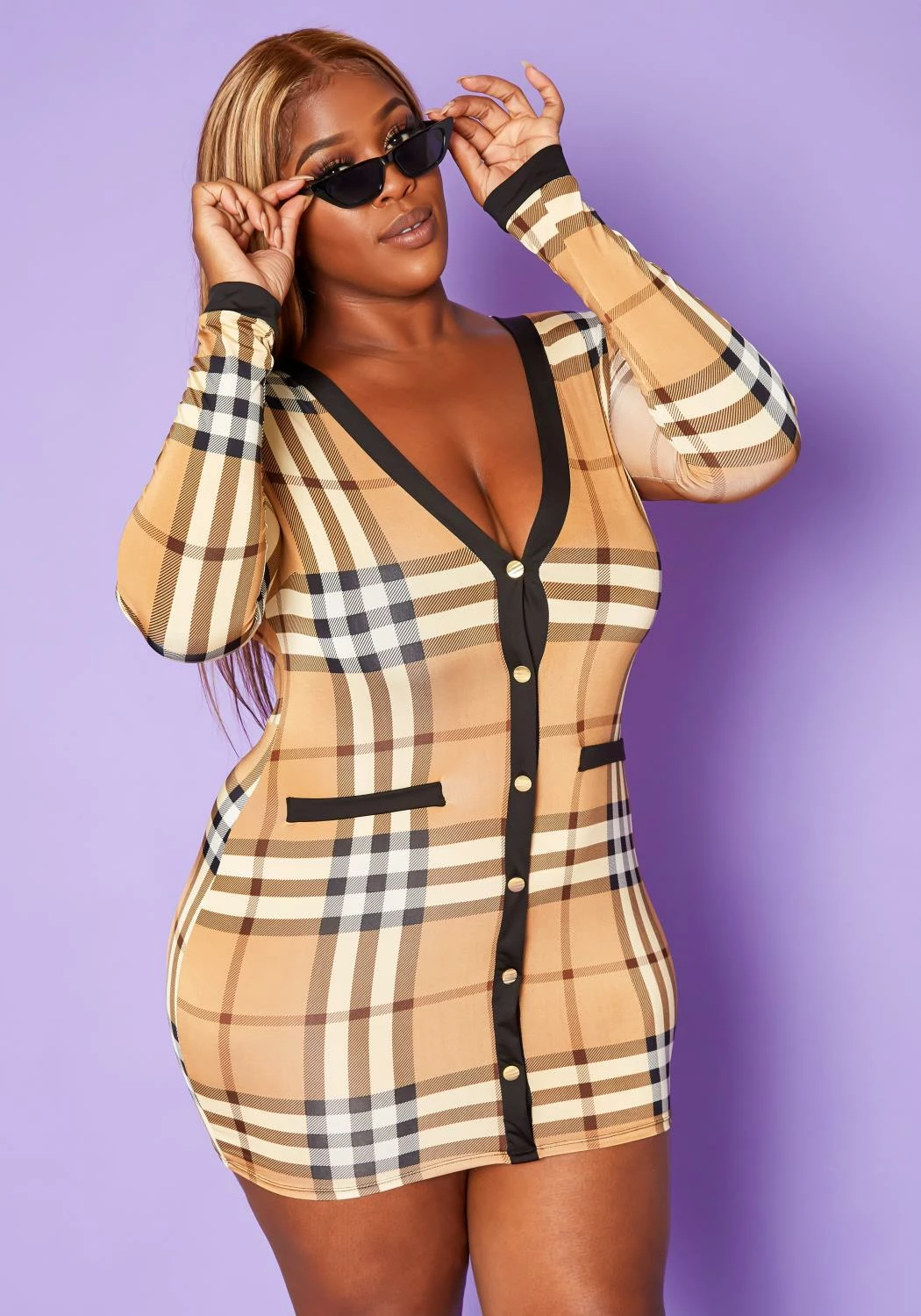 Plus Size Plaid Long Sleeve Mini Dress 1 Plus Size Plaid Long Sleeve Mini Dress