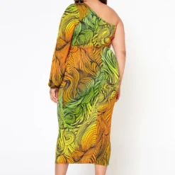 Plus Size Multi Abstract Pattern One Sleeve Midi Dress -Radiant Drape Sales 2022514 002 4