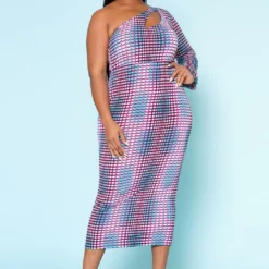 Plus Size Multi Dotted Print One Sleeve Midi Dress