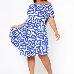 Plus Size Abstract Print Off Shoulder Flare Dress