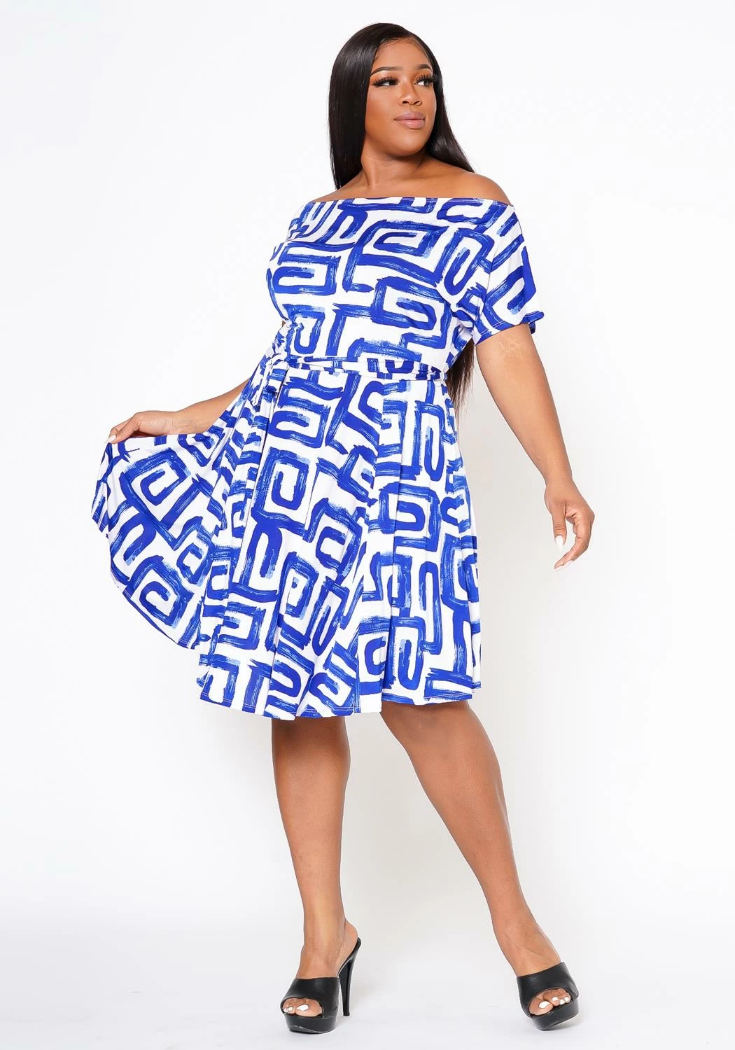 Plus Size Abstract Print Off Shoulder Flare Dress 1 Plus Size Abstract Print Off Shoulder Flare Dress