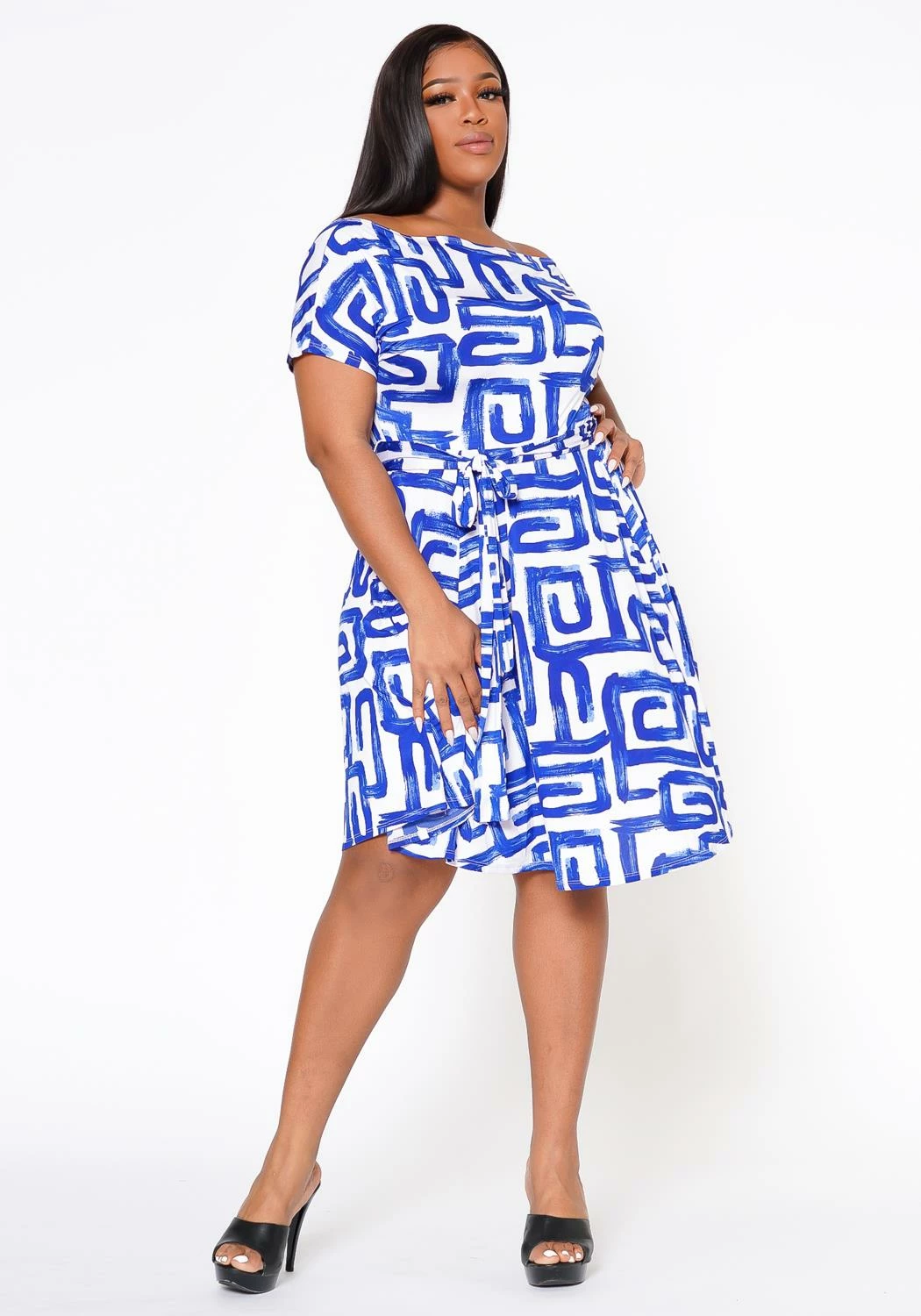 Plus Size Abstract Print Off Shoulder Flare Dress 2 Plus Size Abstract Print Off Shoulder Flare Dress - Image 2
