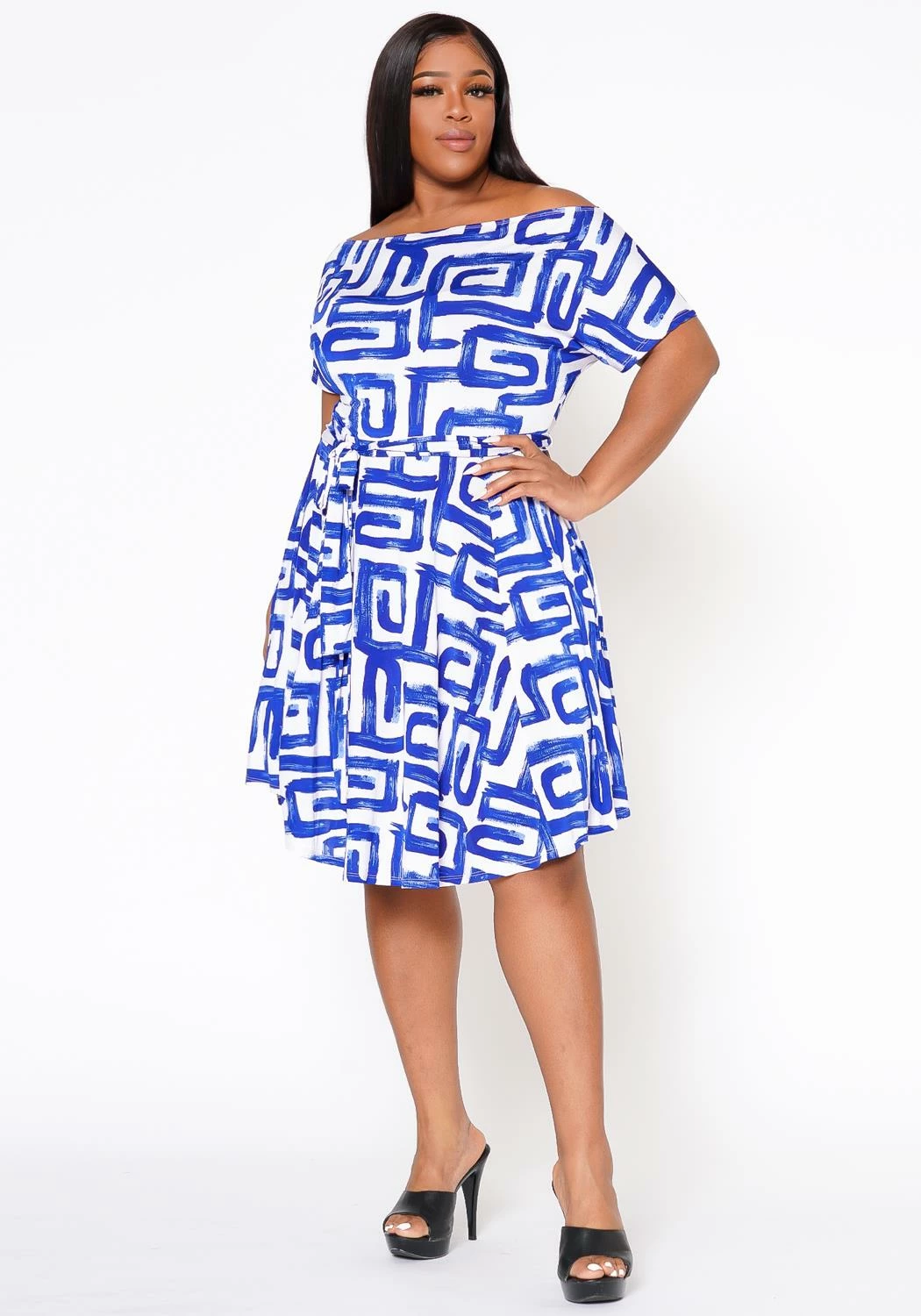 Plus Size Abstract Print Off Shoulder Flare Dress 3 Plus Size Abstract Print Off Shoulder Flare Dress - Image 3