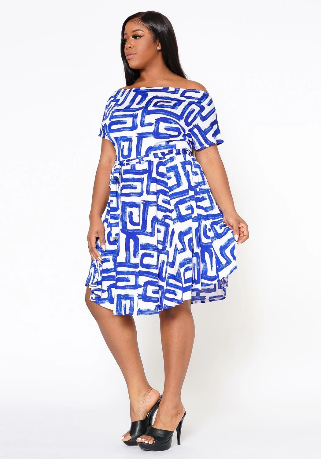 Plus Size Abstract Print Off Shoulder Flare Dress 4 Plus Size Abstract Print Off Shoulder Flare Dress - Image 4