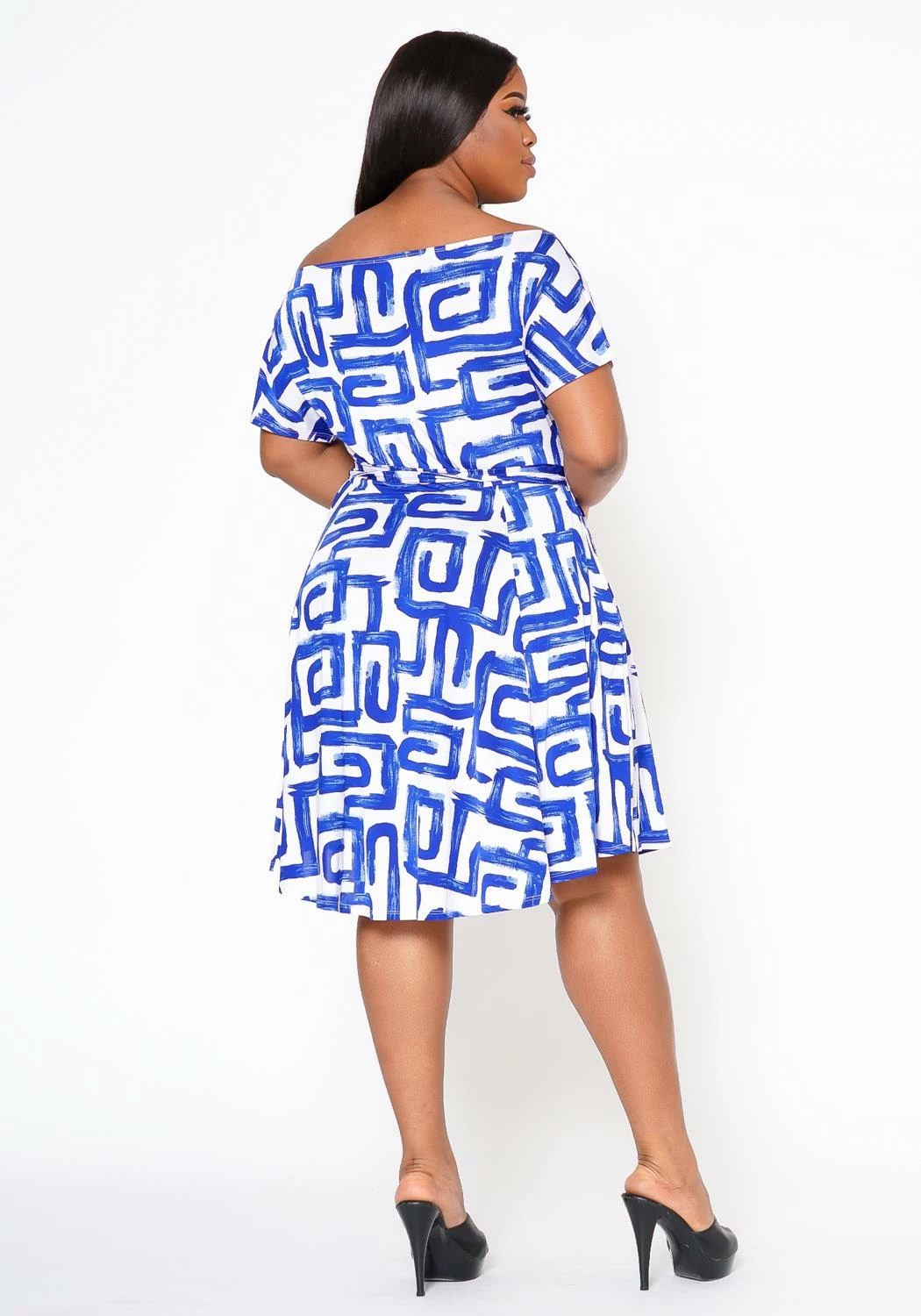 Plus Size Abstract Print Off Shoulder Flare Dress 5 Plus Size Abstract Print Off Shoulder Flare Dress - Image 5