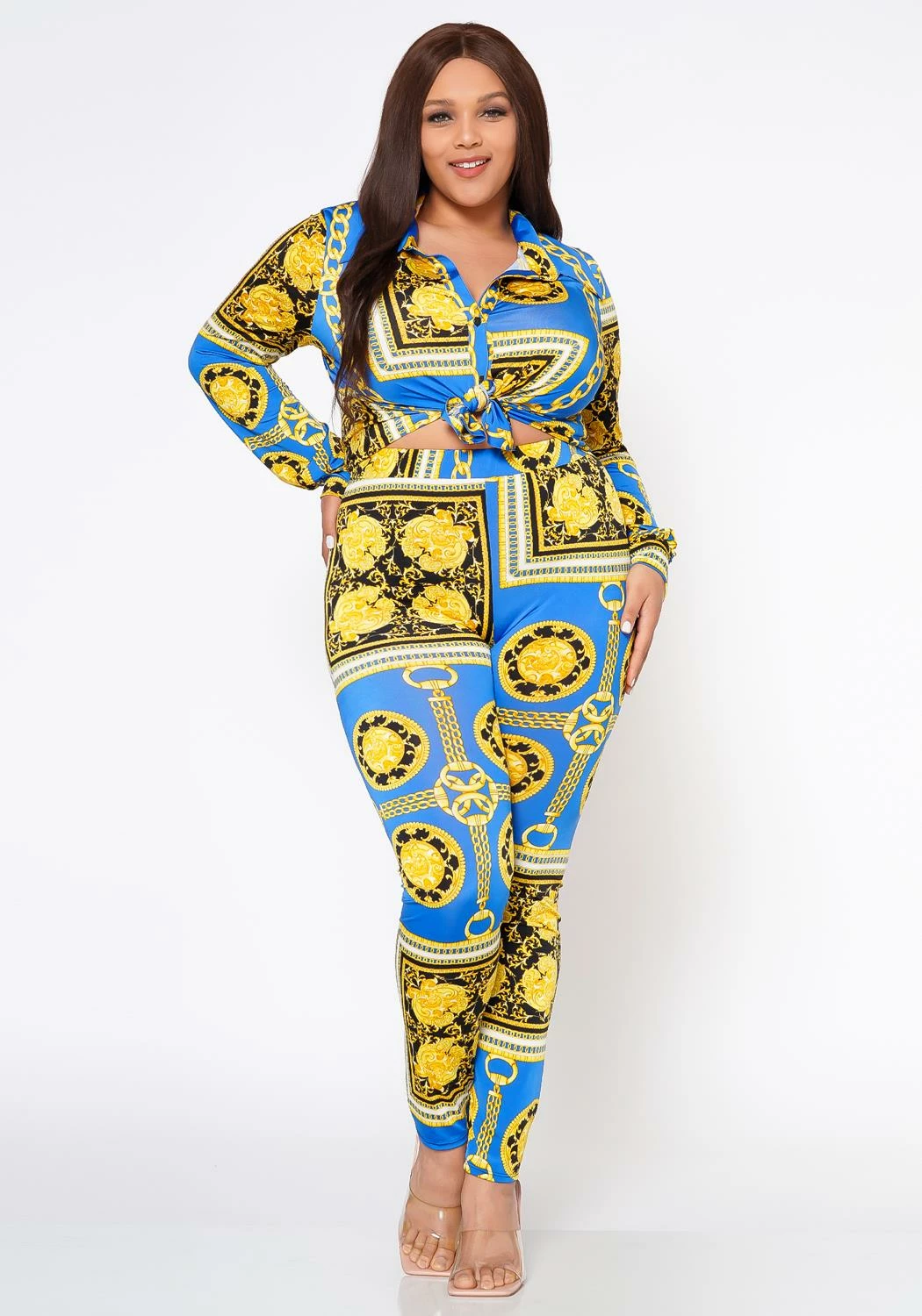 Plus Size Golden Brocade Print Collar Top & Leggings Set 2 Plus Size Golden Brocade Print Collar Top & Leggings Set - Image 2