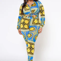 Plus Size Golden Brocade Print Collar Top & Leggings Set