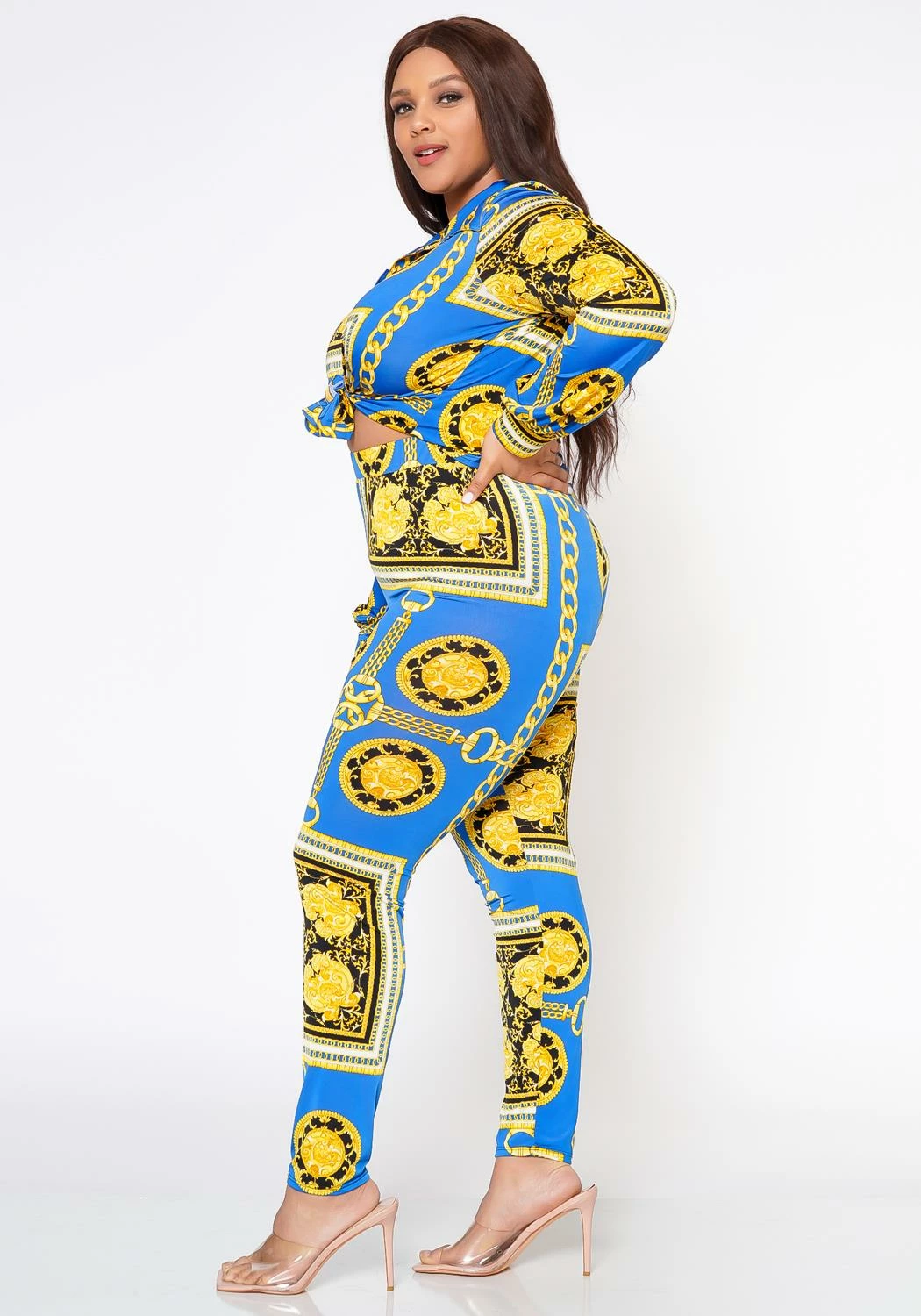 Plus Size Golden Brocade Print Collar Top & Leggings Set 3 Plus Size Golden Brocade Print Collar Top & Leggings Set - Image 3