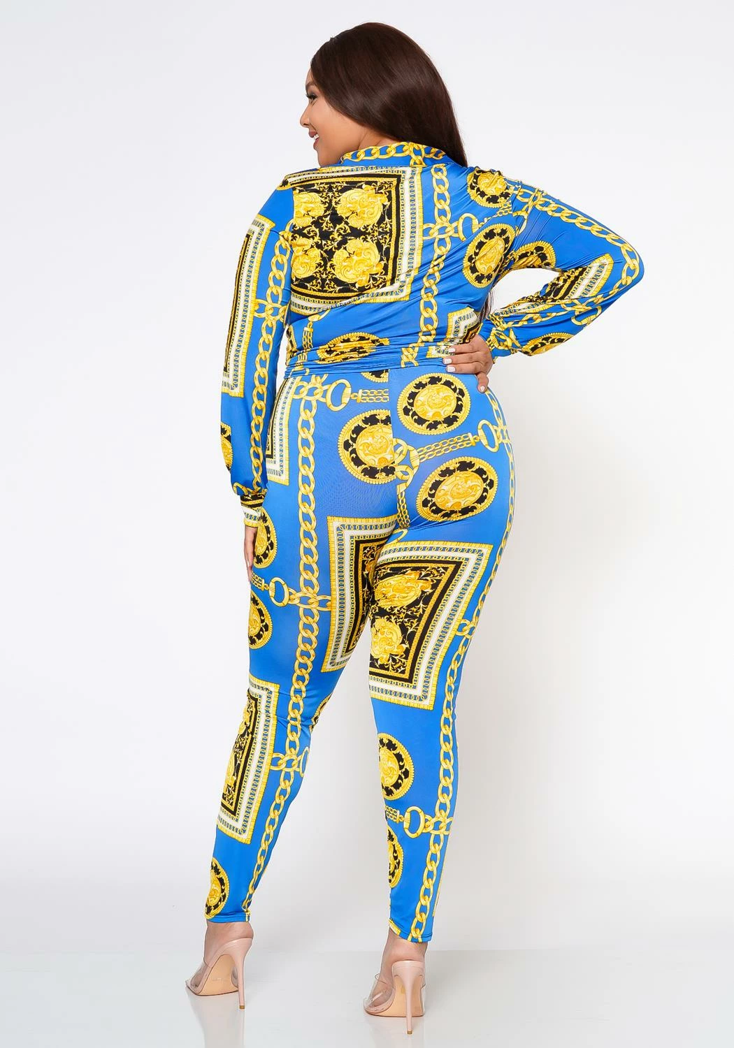 Plus Size Golden Brocade Print Collar Top & Leggings Set 4 Plus Size Golden Brocade Print Collar Top & Leggings Set - Image 4