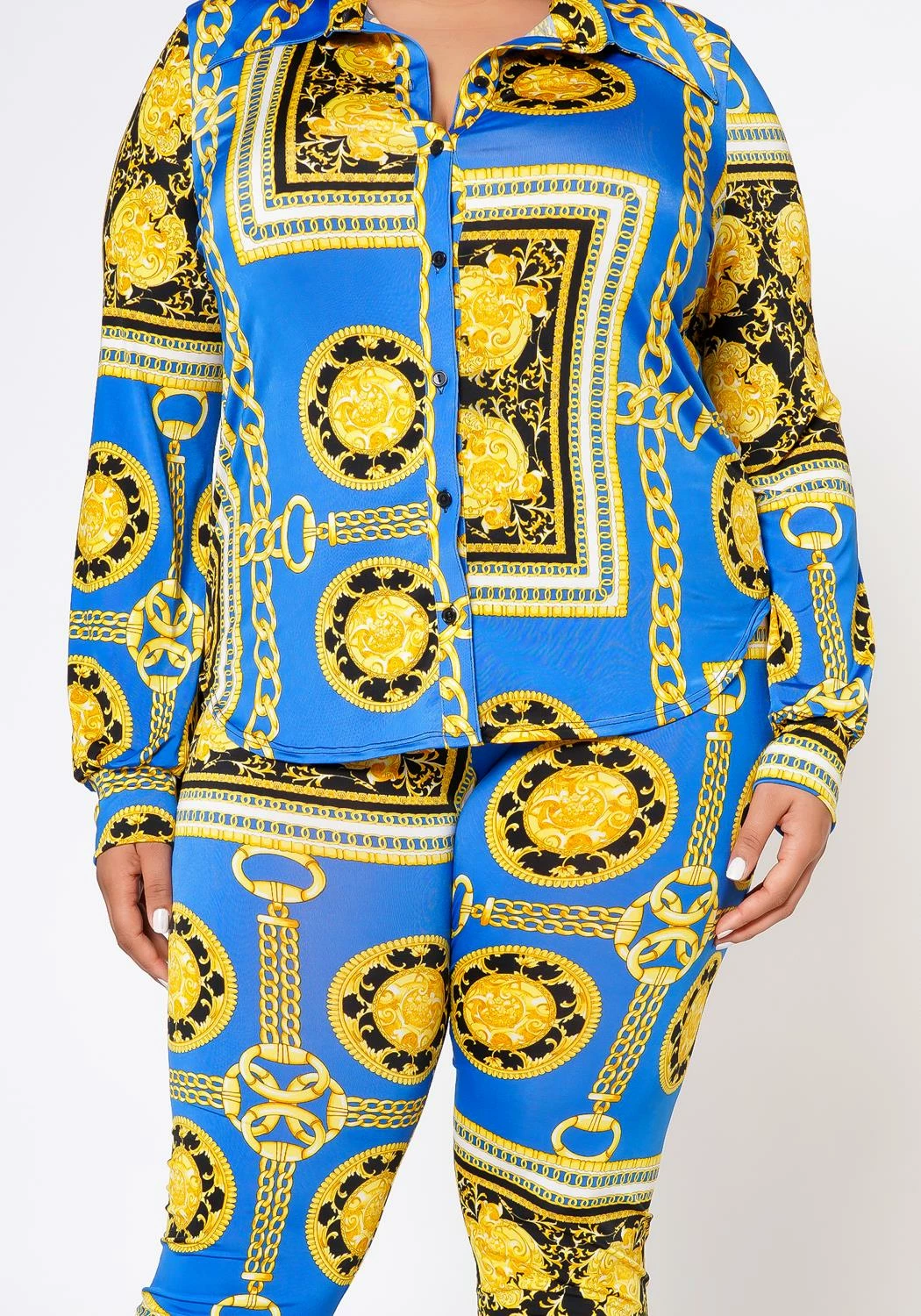 Plus Size Golden Brocade Print Collar Top & Leggings Set 5 Plus Size Golden Brocade Print Collar Top & Leggings Set - Image 5