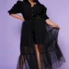 Plus Size Puff Sleeve Long Tulle Blouse