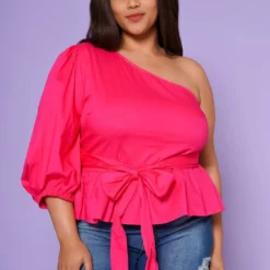 Plus Size Asymmetric One Sleeve Peplum Blouse