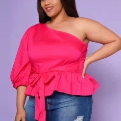 Plus Size Asymmetric One Sleeve Peplum Blouse -Radiant Drape Sales 2022554 001 3