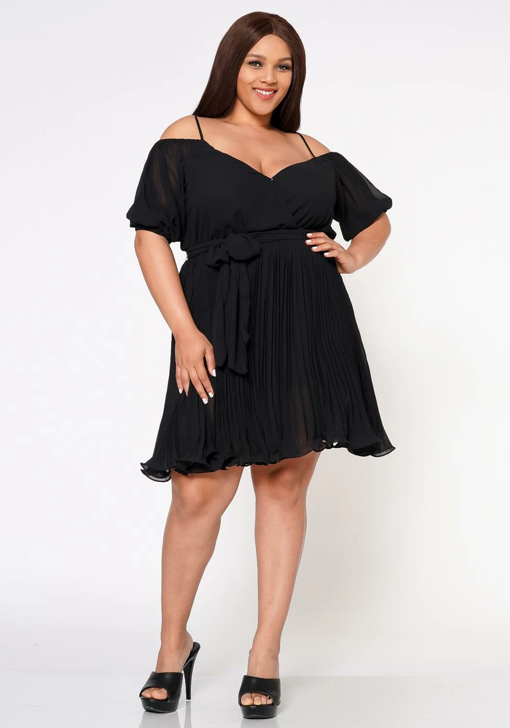 Plus Size Off Shoulder Pleated Flare Dress 2 Plus Size Off Shoulder Pleated Flare Dress - Image 2