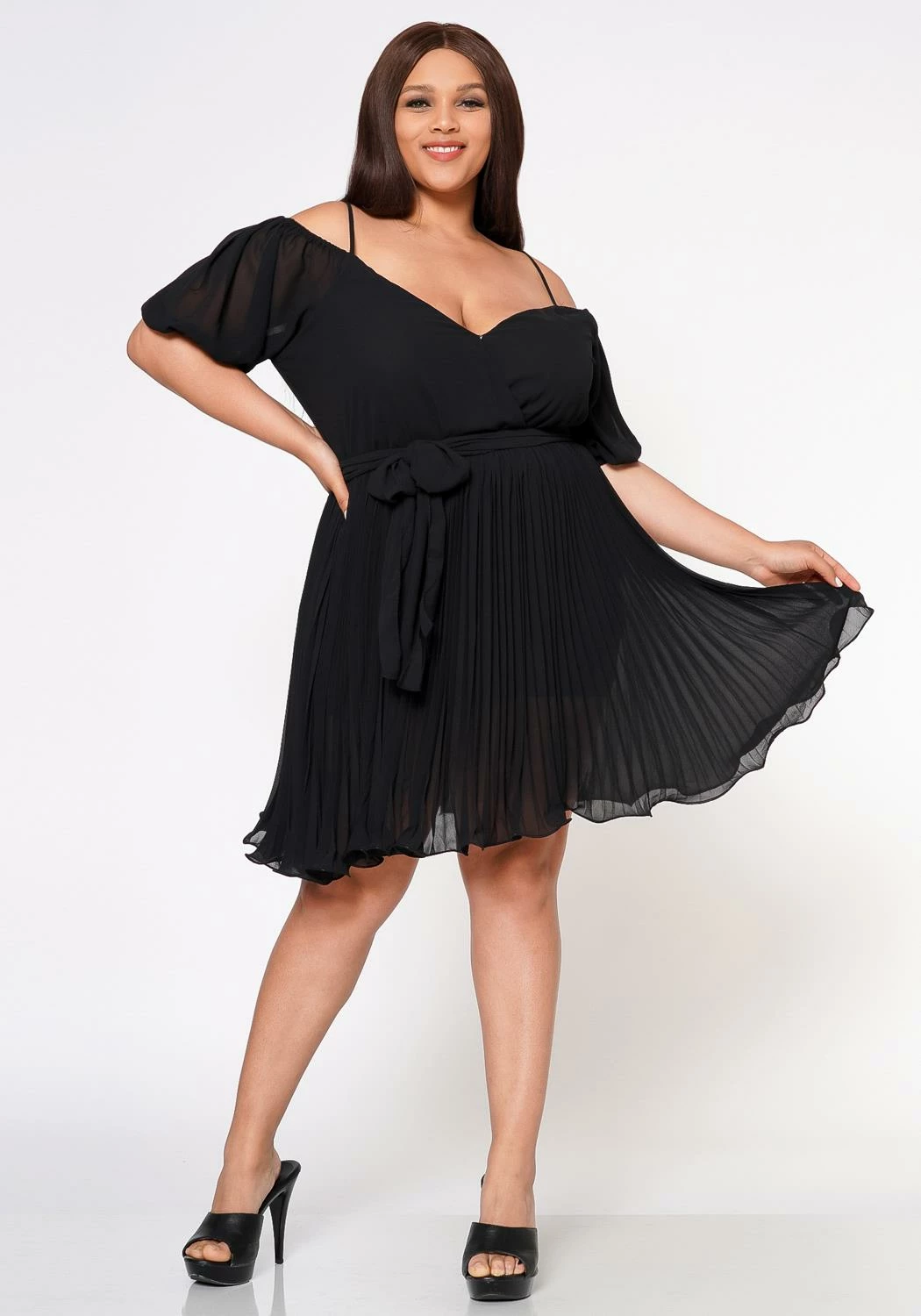 Plus Size Off Shoulder Pleated Flare Dress 3 Plus Size Off Shoulder Pleated Flare Dress - Image 3
