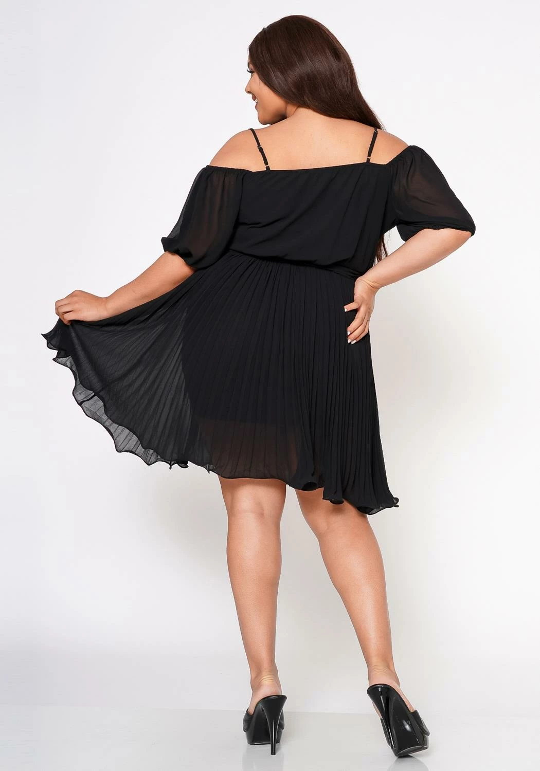Plus Size Off Shoulder Pleated Flare Dress 4 Plus Size Off Shoulder Pleated Flare Dress - Image 4
