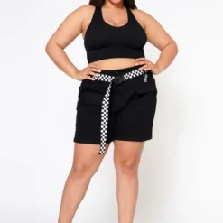 Plus Size Checkered Belt Utility Cargo Shorts