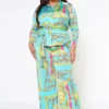 Plus Size Brocade Print Collar Top & Flare Pants Set