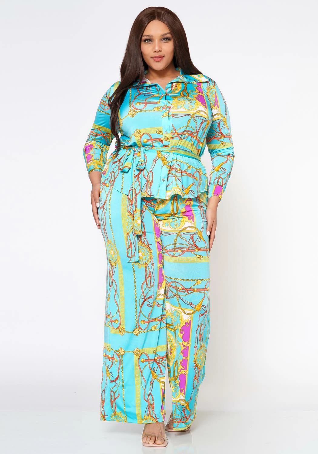 Plus Size Brocade Print Collar Top & Flare Pants Set 2 Plus Size Brocade Print Collar Top & Flare Pants Set - Image 2