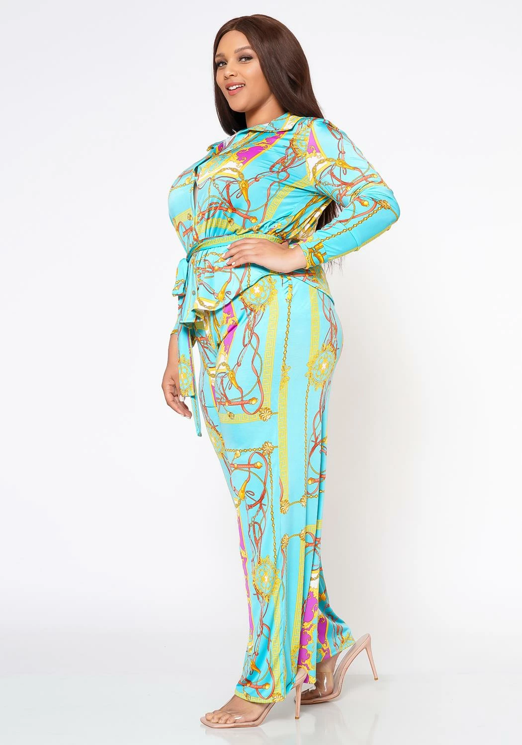 Plus Size Brocade Print Collar Top & Flare Pants Set 3 Plus Size Brocade Print Collar Top & Flare Pants Set - Image 3