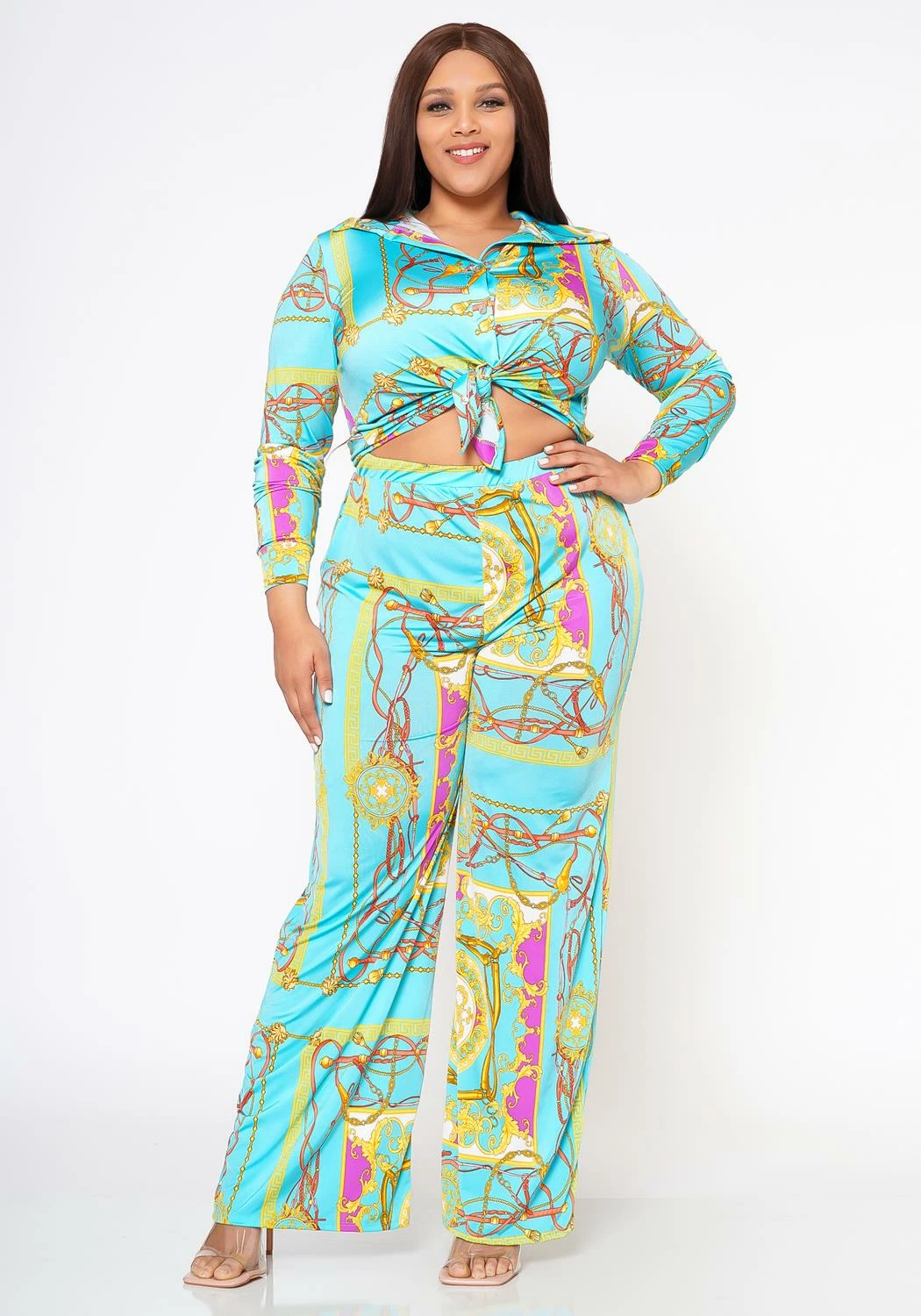 Plus Size Brocade Print Collar Top & Flare Pants Set 5 Plus Size Brocade Print Collar Top & Flare Pants Set - Image 5