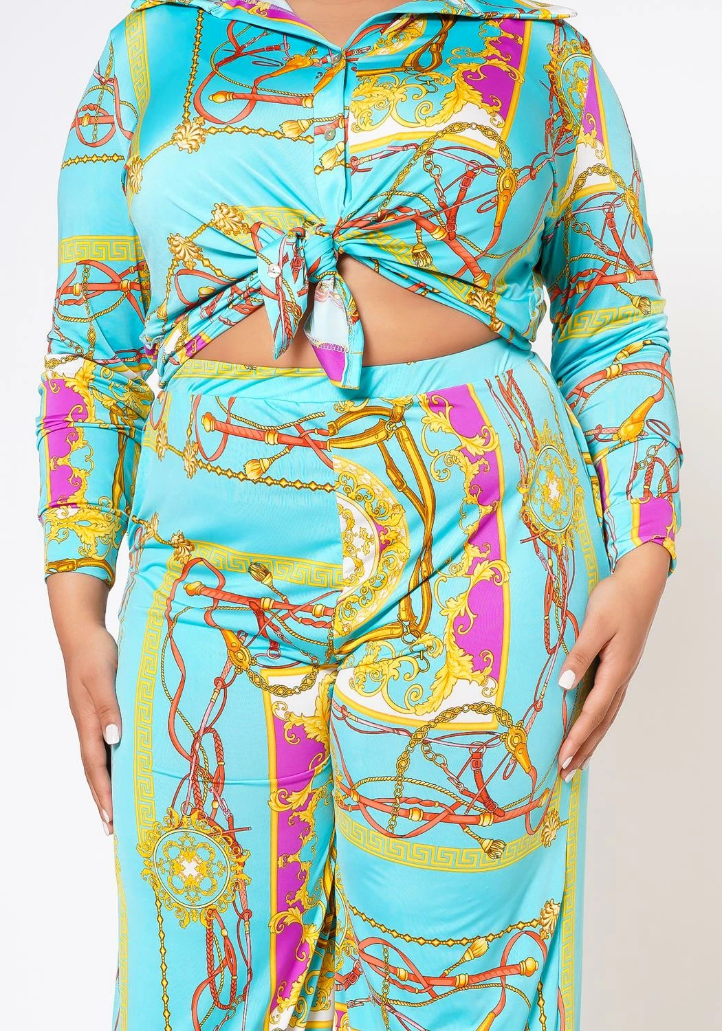 Plus Size Brocade Print Collar Top & Flare Pants Set 6 Plus Size Brocade Print Collar Top & Flare Pants Set - Image 6