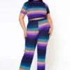Plus Size Gradient Color Print Crop Top & Ribbed Pants Set
