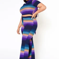Plus Size Gradient Color Print Crop Top & Ribbed Pants Set -Radiant Drape Sales 2022574 002 2