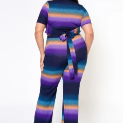 Plus Size Gradient Color Print Crop Top & Ribbed Pants Set -Radiant Drape Sales 2022574 002 3