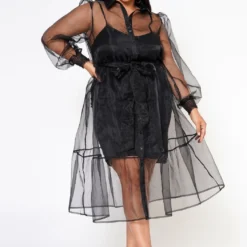 Plus Size Top Trend Sheer Button Front Fit & Flare Dress