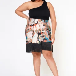 Plus Size High Waist Multi Print Fringe Hem Skirt