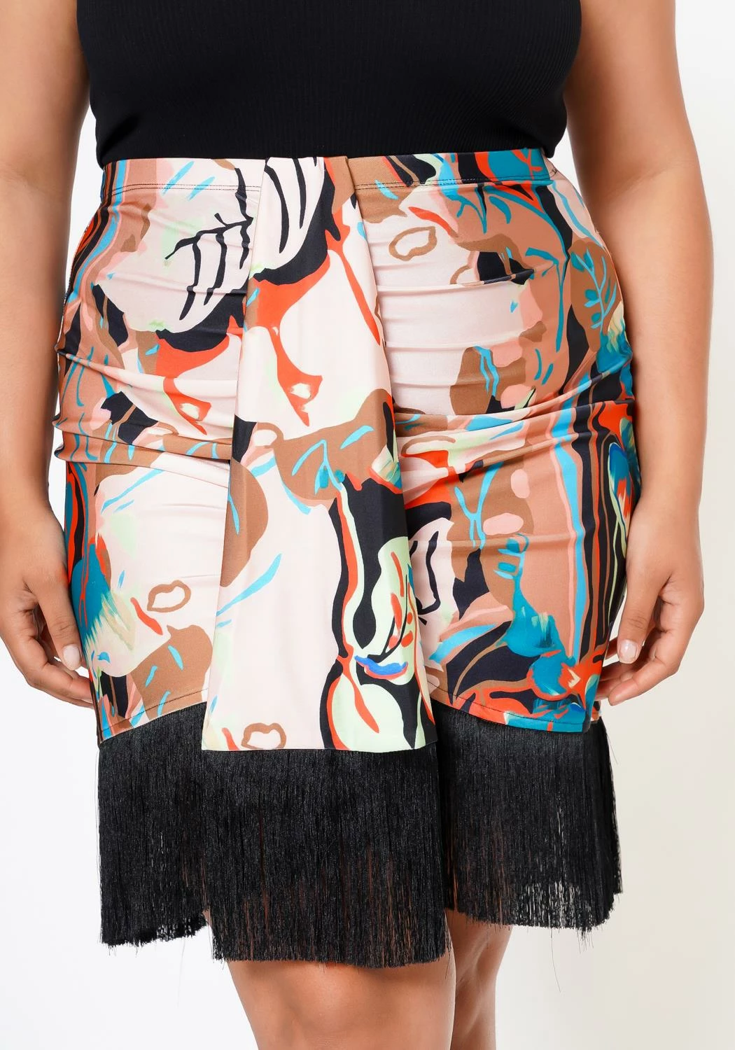 Plus Size High Waist Multi Print Fringe Hem Skirt 5 Plus Size High Waist Multi Print Fringe Hem Skirt - Image 5