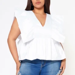 Plus Size Linen Ruffle Hem Blouse