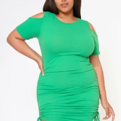 Plus Size Ribbed Knit Cold Shoulder Mini Dress