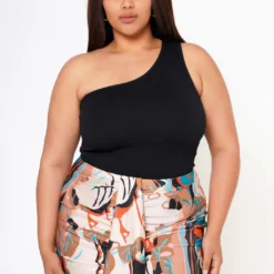 Plus Size Ribbed Knit One Sleeve Bodysuit