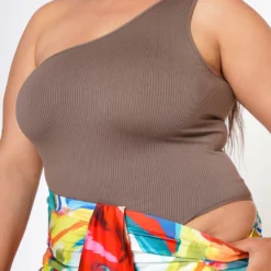 Plus Size Ribbed Knit One Sleeve Bodysuit -Radiant Drape Sales 2022592 002 4