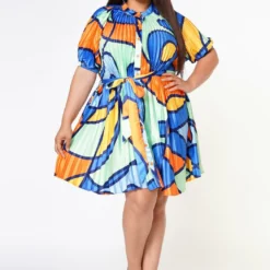 Plus Size Multi Pattern Pleated Fit & Flare Dress