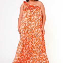 Plus Size One Shoulder Floral Print Maxi Dress