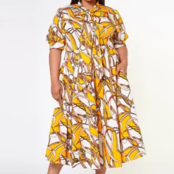 Plus Size Multi Print Bow Collar Flare Dress