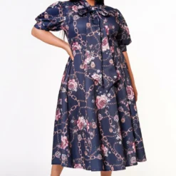 Plus Size Floral Chainlink Print Bow Collar Flare Dress