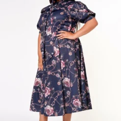 Plus Size Floral Chainlink Print Bow Collar Flare Dress -Radiant Drape Sales 2022633 001 2