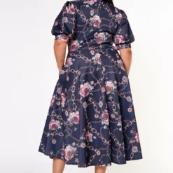 Plus Size Floral Chainlink Print Bow Collar Flare Dress -Radiant Drape Sales 2022633 001 3